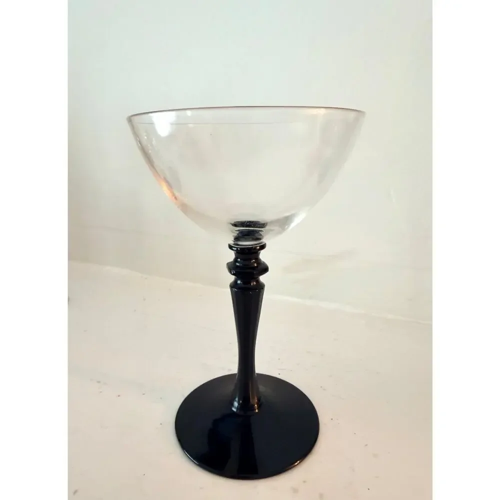 4 Vintage Black Stem Wine Goblets Set 4 Cocktail Coupes Elegant Deco Goth